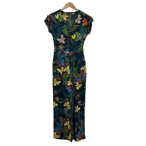 Find🔹Floral Tropical Jumpsuit Womens-V Neck Short Sleeve Linen/Cotton - Picture 1 of 14